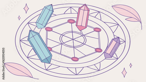 Magical crystal grid illustration with gemstones, sacred geometry, and mystical symbols for healing, meditation, and spiritual practices on light background