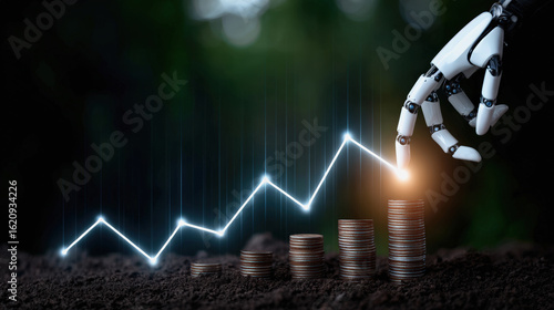 Robot hand touching coin stack, symbolizing economic growth and technological advancement, showcasing financial progress and innovation