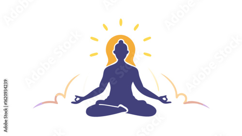 Silhouette of a woman in lotus pose meditating with glowing aura, radiating light and energy, isolated on white background for spiritual wellness concept
