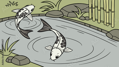 Two koi fish swimming in a pond with bamboo and stones, creating a serene and peaceful scene, perfect for relaxation and meditation, with traditional japanese elements