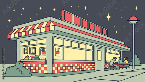 Vintage diner at night with people sitting outside, a retro illustration of a city scene with stars, perfect for travel and tourism designs