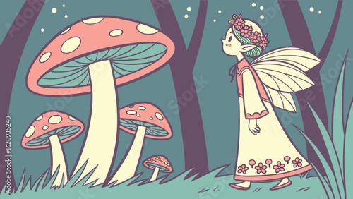 A whimsical fairy with a flower crown gazes in wonder at giant mushrooms in a magical forest, creating a scene of enchantment and childlike imagination