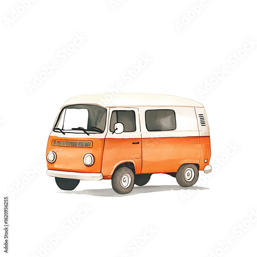 A charming watercolor illustration of a vintage camper van with an orange and white color scheme, evoking a sense of travel and adventure.