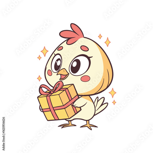 A cute cartoon chicken holds a wrapped gift box, adorned with a pink ribbon and bow, surrounded by sparkling stars.