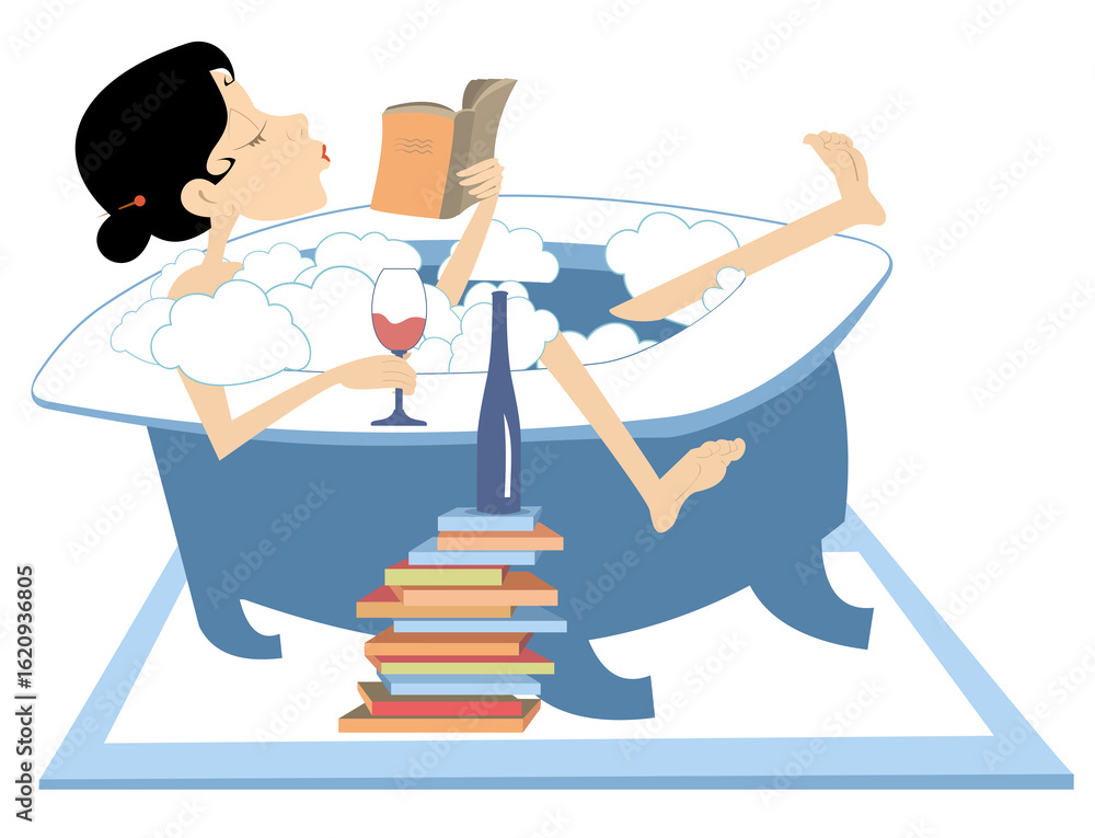 Fototapeta premium Woman takes a bath, reads a book and drinks champagne or wine