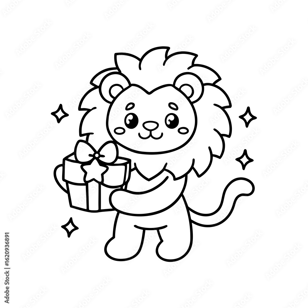 Fototapeta premium A cute cartoon lion is holding a gift box with a bow, surrounded by sparkling stars, in a black and white outline illustration.