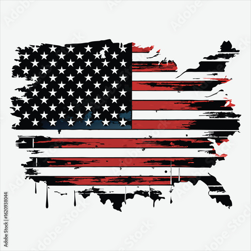 Distressed american flag in the shape of the united states of america, symbolizing patriotism and national pride, with a grunge texture and a white background