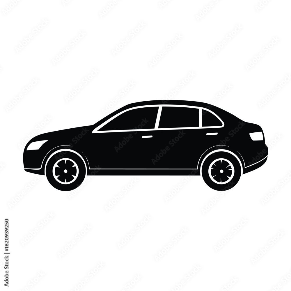 Fototapeta premium Sleek Sedan Car Profile Illustration Black and White Vector Graphic on White Background