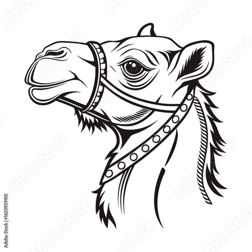 Majestic Camel Head Illustration Black and White Line Art Design on White Background