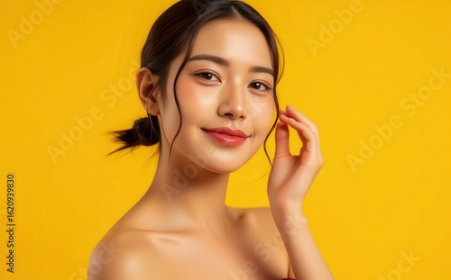 Wallpaper Mural Sunkissed ponytail model in strapless crop top poses gently with seductive smile. Radiant natural skin makeup for skincare brand, studio yellow setting Torontodigital.ca