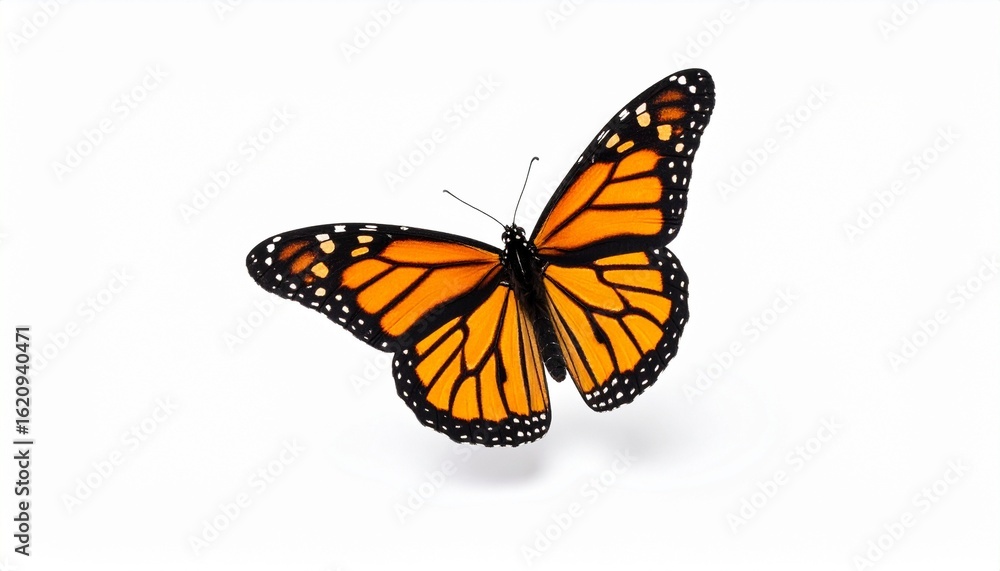 Fototapeta premium Monarch butterfly with vibrant orange wings, black veins, and white spots—symmetrical, outstretched pose on a clean pinkish background; ideal for nature close-up, biology visuals, or minimalistic desi