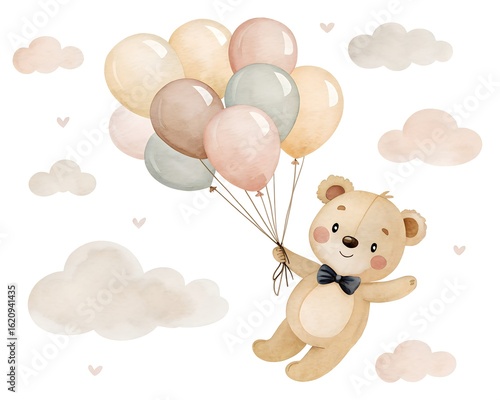 Cute teddy bear flying with balloons isolated on white background, a whimsical watercolor illustration perfect for baby cards and sweet designs