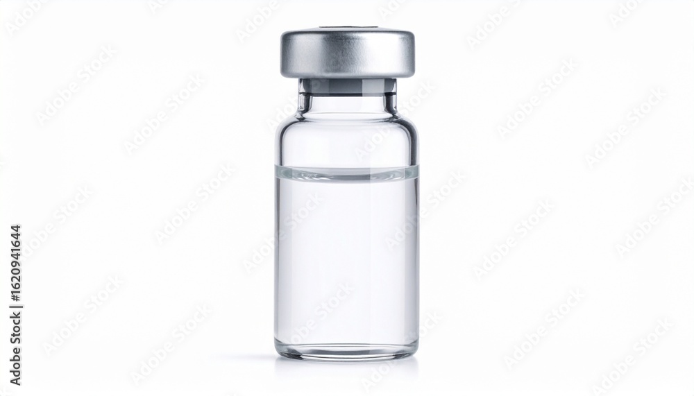 Small glass vial with silver cap containing clear liquid—clinical, sterile presentation on white backdrop for medical or scientific visuals.