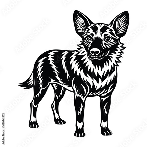 Majestic German Shepherd Dog Black and White Vector Illustration on White Background