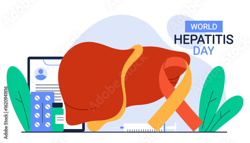 World Hepatitis Day. July 28. Hepatitis A, B, C, D concept. Human liver organ. Liver disease, healthcare, treatment. Isolated vector illustration in cartoon style