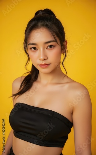 Wallpaper Mural Sunkissed ponytail model in strapless crop top poses gently with seductive smile. Radiant natural skin makeup for skincare brand, studio yellow setting Torontodigital.ca