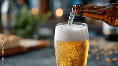 Wallpaper Mural Close-up view of a beer bottle pouring into a glass, capturing the golden liquid and frothy head in a cinematic style Torontodigital.ca