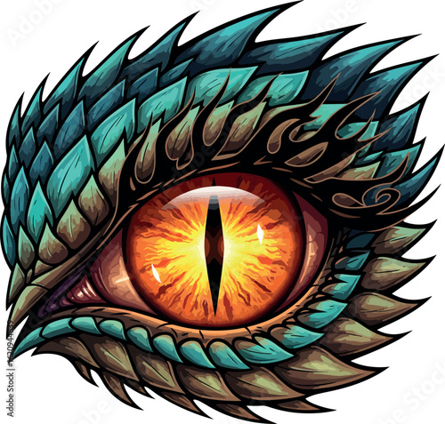 dragon eye illustration with fiery iris. Fantasy reptile monster eye tattoo design, vector graphic isolated on white.