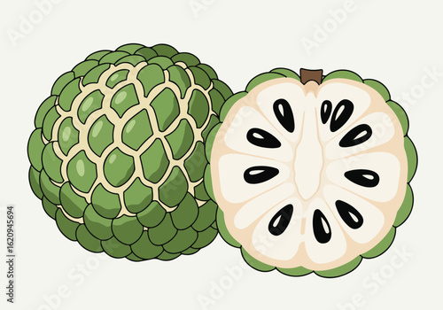 Whole and cut custard apple fruit, isolated on white background