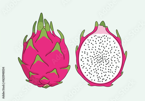 A whole pink dragon fruit and a half cut dragon fruit showing its white flesh with black seeds, isolated on a light green background