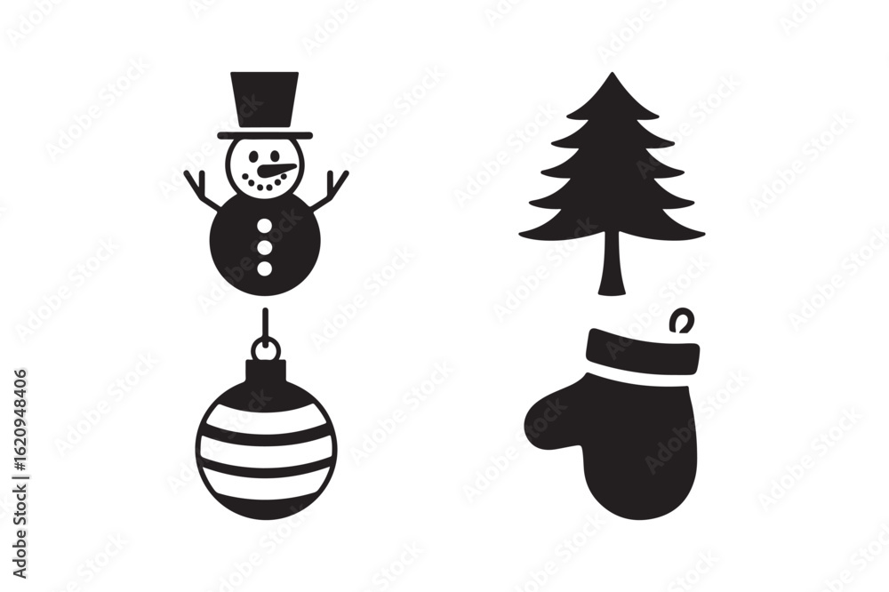Naklejka premium Christmas icons black and white snowman tree ornament mitten