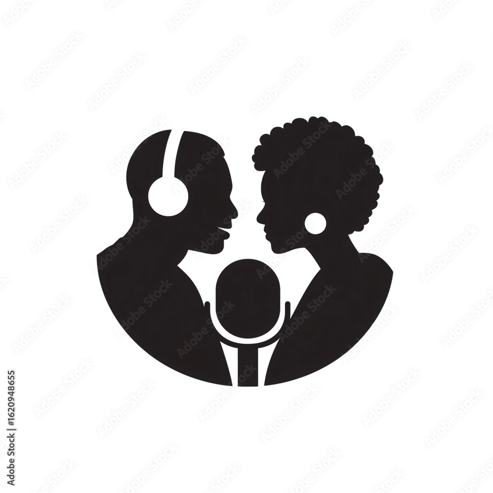 Fototapeta premium Silhouette of two people recording a podcast with microphone and headphones