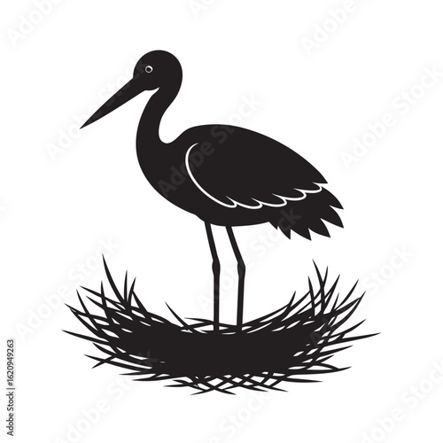 Elegant Black Silhouette of a Stork Standing Proudly in its Delicate Nest Design Element