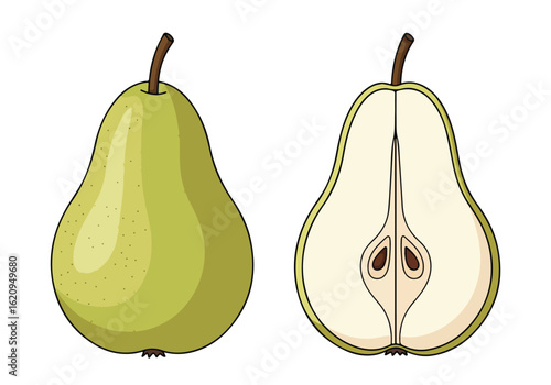 A whole green pear and a half pear isolated on white background