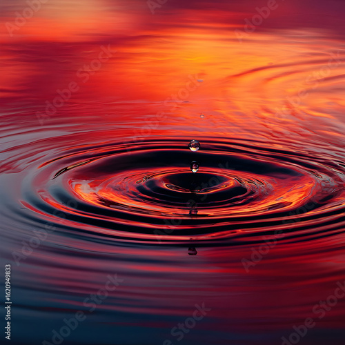 A close up of water droplets falling into a body of water with red and orange reflections visible