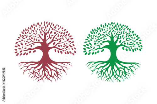 Two stylized trees with visible roots in red and green