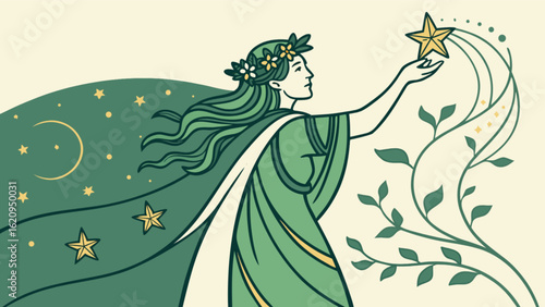 A captivating goddess illustration with a star, moon, and floral crown, blending mythology, magic, and nature in a celestial and spiritual design