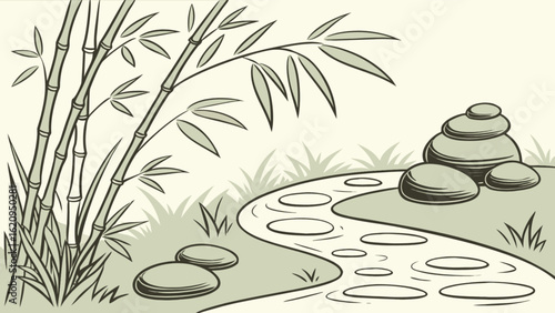 A serene zen garden illustration featuring bamboo, stacked stones, and a flowing river, creating a peaceful and balanced natural landscape