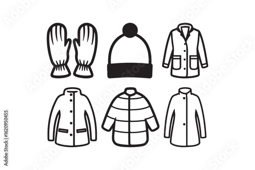 Collection of winter clothing including hats and gloves and various coats