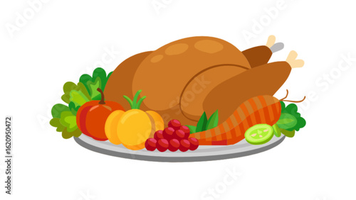 A roasted turkey with vegetables on a plate isolated on white background, a traditional thanksgiving dinner for a festive autumn celebration