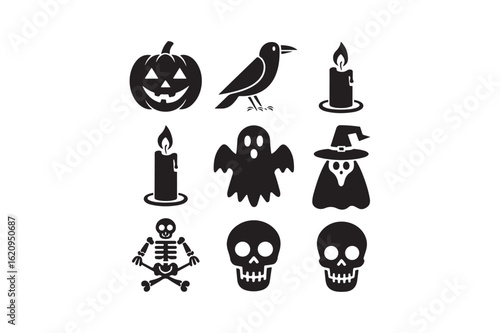 Collection of halloween icons featuring pumpkin ghost crow skulls and candles