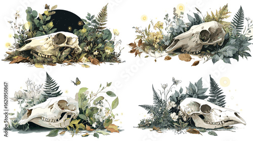 Elegant deer skulls nestled among leaves and ferns, combining natural decay and botanical elements in a calm and poetic composition.

