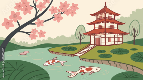 A picturesque scene of a traditional asian garden with koi fish swimming in a pond, cherry blossoms blooming, and a pagoda in the background, creating a peaceful atmosphere