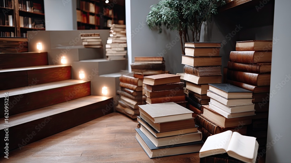 Obraz premium Wander through a captivating bookshop where warm torchlight mingles with the essence of adventure among towering bookshelves