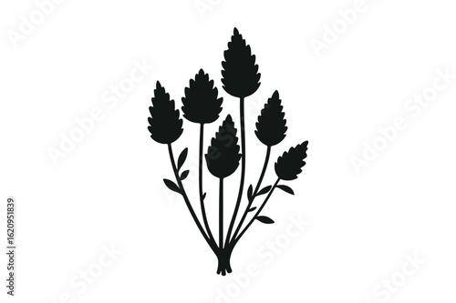 Black silhouette of a bunch of plantain seed heads on a white background