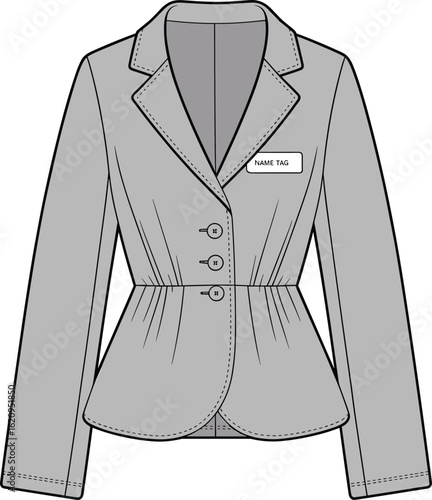 Fitted women’s blazer fashion flat with notch lapel, flap pockets, dart shaping, and three-button front closure design