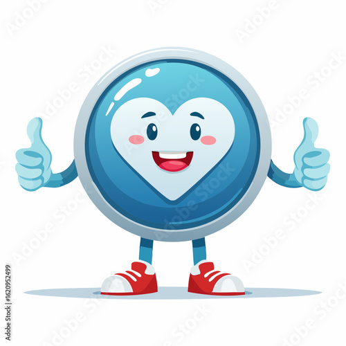 Emoticon with Thumb Up: A cheerful, cartoon-style emoticon, designed with a friendly heart in the center, flashes a bright smile and offers a double thumbs-up, radiating positivity and affirmation. 