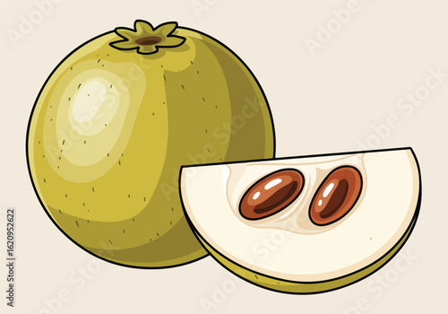 Whole yellow sapote fruit and a slice revealing its creamy flesh and large brown seeds, isolated on a light background