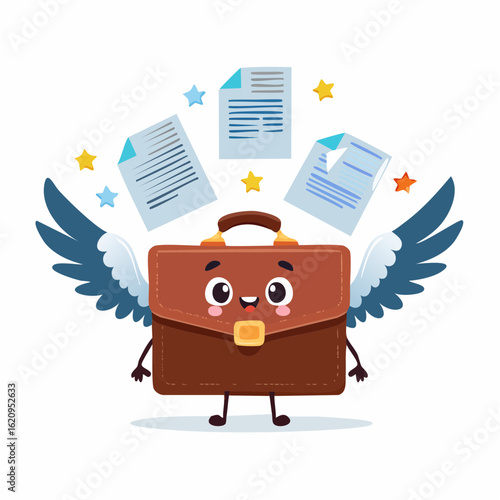 The Briefcase of Dreams: An imaginative illustration, a briefcase with wings, papers and stars, representing limitless opportunities, creativity, and the power of ideas.