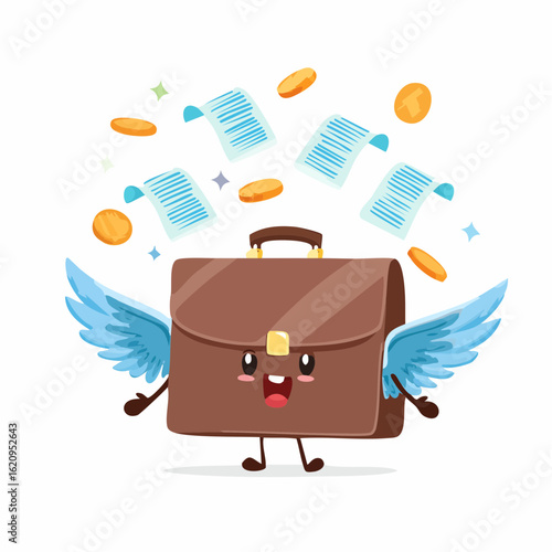The Flying Briefcase: An animated briefcase, complete with cute wings and joyful expression, radiates prosperity and financial empowerment. Coins and documents hover around.
