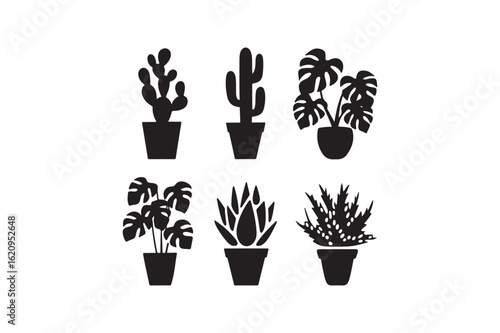 Collection of six potted houseplants in a minimalist black and white silhouette style