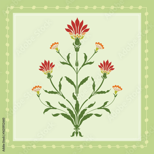 Traditional Mughal Floral Motif with Ornamental Flowers. Traditional indian flower motif illustrations.
