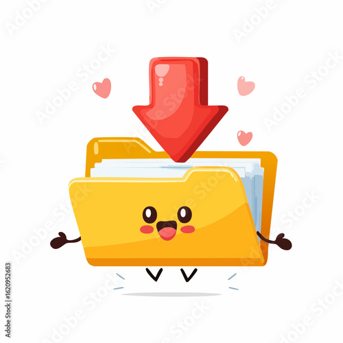 Cheerful Folder Download: An adorable illustration features a cheerful folder character with a bright red download arrow above, perfect for projects.
