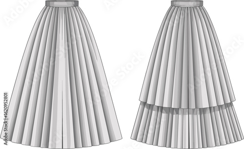 Long pleated skirt fashion flat with single and layered designs, technical illustration for women’s formal and casual skirt styles