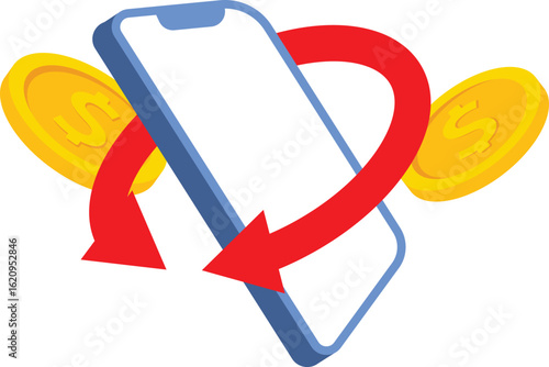 Online shopping savings concept. Internet payment transactions, cartoon-style mobile phones, and gold coins. Cashback and cashback. Isolated illustration on background.

