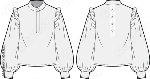 Long sleeve women's blouse fashion flat with shoulder ruffles, mandarin collar, back button closure, and voluminous gathered sleeves